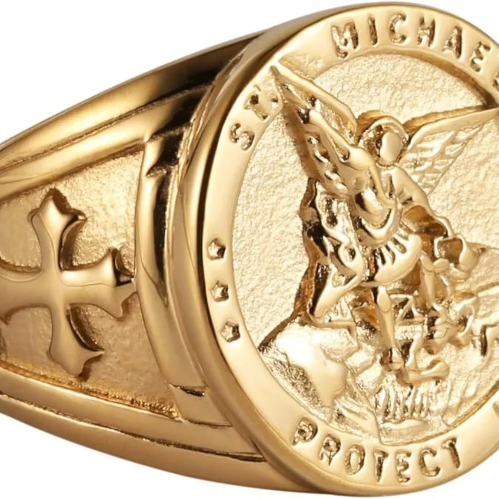 St. Michael San Miguel The Great Protector Archangel Defeating Satan Amulet Ring - Picture 3 of 4